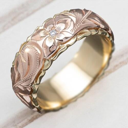 Vintage Delicate Art Carved Flower Pattern Ring For Women Handnade Two Tone Cubic Zircon Bride Engagement Wedding Jewelry Gift
