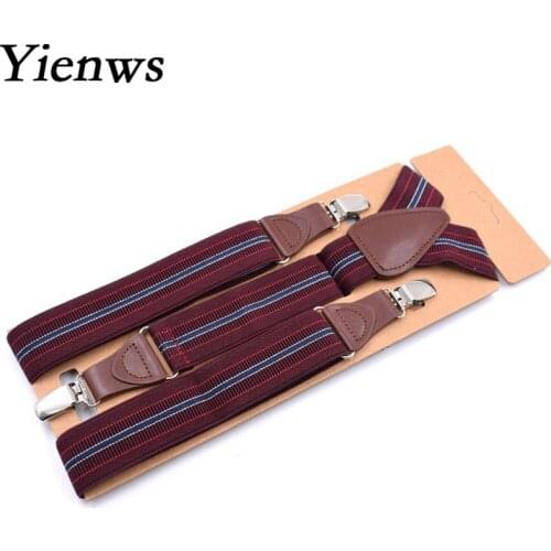 Yienws Bretels Mannen Vintage Striped Burgundy Suspenders for Mens 3 Clip Button Braces for Trousers 120cm Ligas YiA045