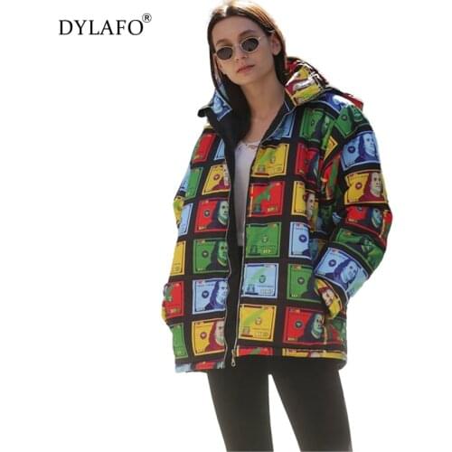 Long Sleeve Colorful Dollar Bill Printing Hooded Down Jacket Coat Women High Collar Autumn Winter Streetwear Female Coat