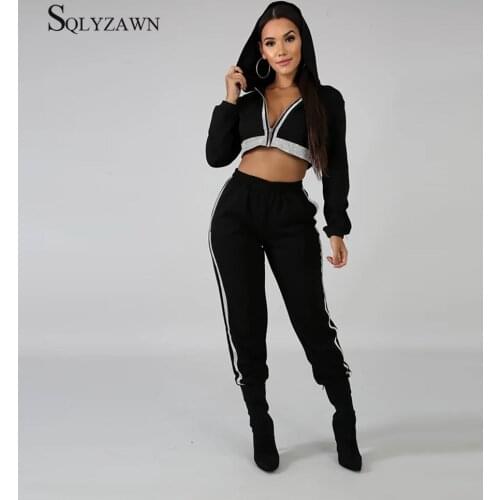Sequined Tracksuit Women Autumn Winter Outfits Long Sleeve Hooded Zipper Crop Top+Long Pants Two Piece Sweat Suit Women Clothing