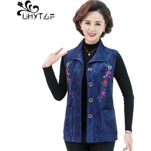 UHYTGF 5XL Plus Size Vests For Women Fashion Embroidery Corduroy Spring Autumn Jacket Middle-Aged Elderly Thin Waistcoat 1294