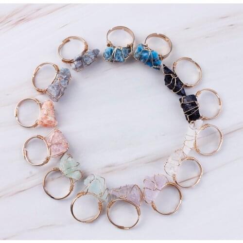 Gold Wire Twisted Wrapped Colorful Natural Stone Crystal Ring for Women Fashion Creative Handmade Adjustable Jewelry Wholesale