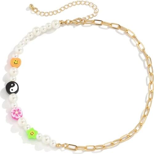 Gold Chains Handmade Imitation Pearls Smile Face Beaded Necklace For Women Acrylic Bead Strand Choker Collar Bohemian Jewelry
