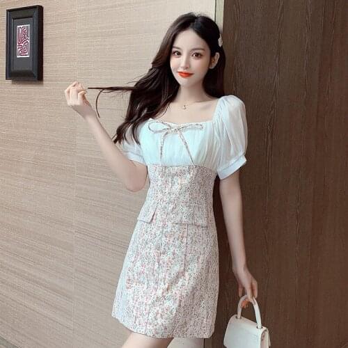 New Summer 2021 Temperament Square-Collar Slim Fashion Patchwork Short Sleeve Lace Print Dress Ladies Dresses