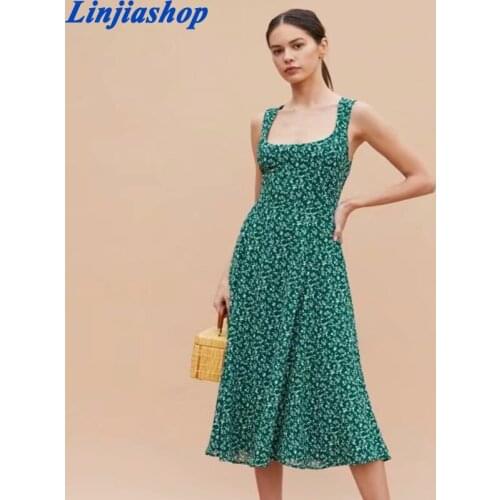 Summer 2021 Green Floral Print Women Tank Dress Vintage Sleeveless Midi Dress Fashion Chiffon Vestidos