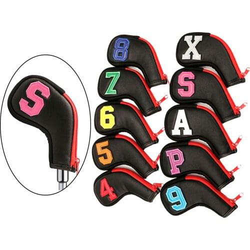 10Pcs PU Leather Golf Club Iron Head Cover Headcover Set Protector Cases Waterproof Long Neck Sleeves w/ Embroidery Pattern