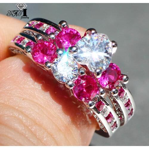 2pcs YaYI Jewelry Fashion Princess Cut 8*8mm Red Cubic Zirconia Silver Color Engagement Wedding Party Couples Rings