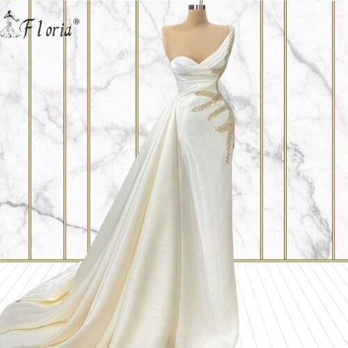 2021 Arabic Beading White Evening Dresses One Shoulder Long Train Formal Evening Red Carpet Gowns Wedding Bridal Robes Dubai