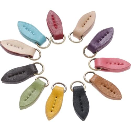 5 Pcs 33*11mm Genuine Leather Zipper Pullers Leaf Shape Pull Head Replacement Sewing Craft Bag Fasteners Leather Alloy Pendant