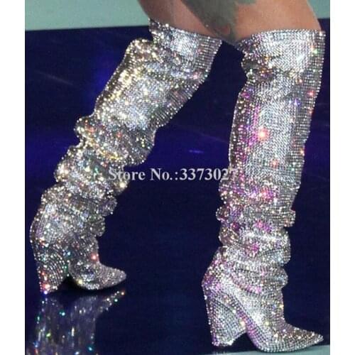 Glitter Spike Heels Crystal Knee High Boots Woman Bling Bling Rhinestone Long Boots Sexy Pointed Toe Shinning Knight Boots