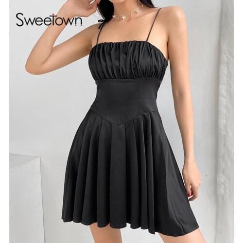 Sweetown Black Solid Satin Pleated Mini Dress Women Dark Academic E Girl Gothic Clothes Sleeveless Sexy Ruched Summer Dresses