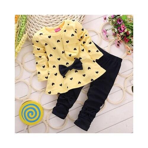 Children Baby Girl Heart Shaped Bow 2PCS Clothing Set Long Sleeve Outfits Top Sweater Pants Kids Clothes