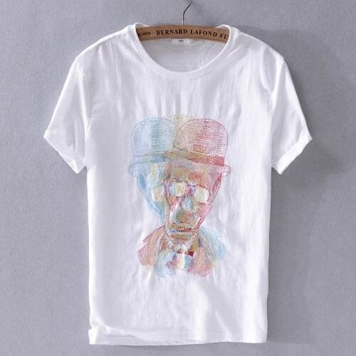 2019 Summer mens new short-sleeved t-shirt embroidery linen t shirt men round neck cotton tshirt male white fashion tops camisa