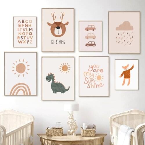 Wall Art Print Canvas Painting Boho Dinosaur Deer Rabbit Fox Alphabet Sunshine Nordic Poster Wall Pictures Baby Kids Room Decor