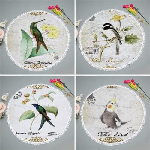 Casegrace Cute Parrot Round Beach Towel Green Leaf Picnic Cloth Blanket With Tassels Lovely Birds Yoga Mat Soft Bath Towel
