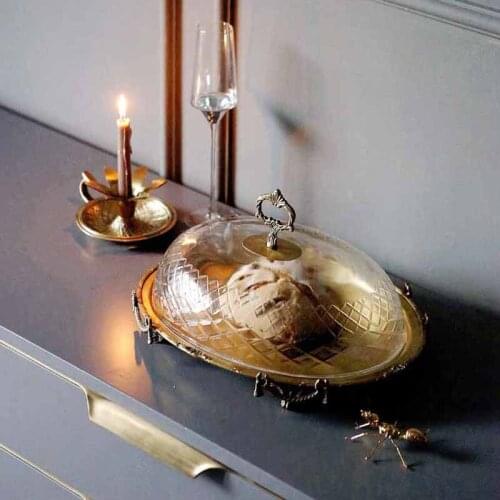 Luxtry Brass Bread Cake Tasting Plate With Lid Glass Cover Dessert Display Plate Fruit Plate Dim Sum Storage Decorative Tray