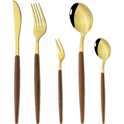 1/4/5Pcs Mirror Gold Stainless Steel Wood Dinnerware Set Tableware Set Western Food Dinner Knife Fish Fork Teaspoon Cutlery Set