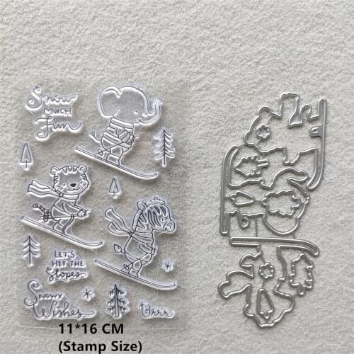 2021 New Zebra Elephant Skiing Clear Stamps and Metal Cutting Dies DIY Scrapbooking Embossing Album Seal Template Punch Stencils