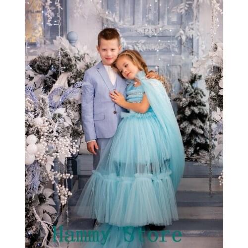 New Black Puffy Tulle Flowers Infant Girls Dresses Knee Length Kids Clothes Princess First Birthday Dress Pageant Gown