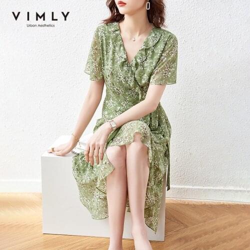 VIMLY Summer Floral Dresses For Women Fashion V Neck Chiffon Dress High Waist Elegant Pleated Dress Female Vestidos F7229