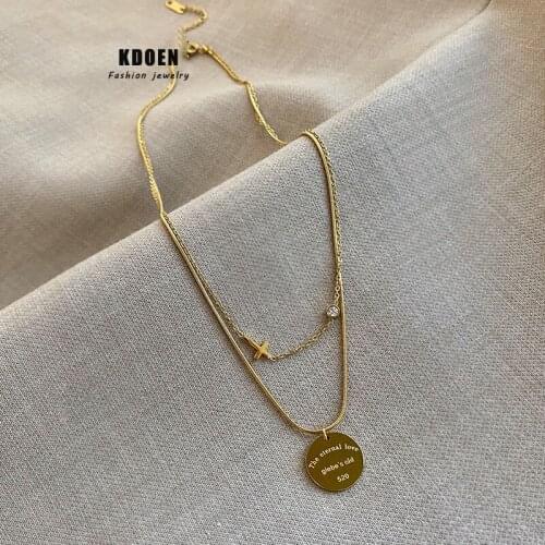 Retro Double Cross Disc Pendant Gold Titanium Steel Necklace Fashion Letter Clavicle Chain Korean Jewelry Sexy Girls Neck Chain