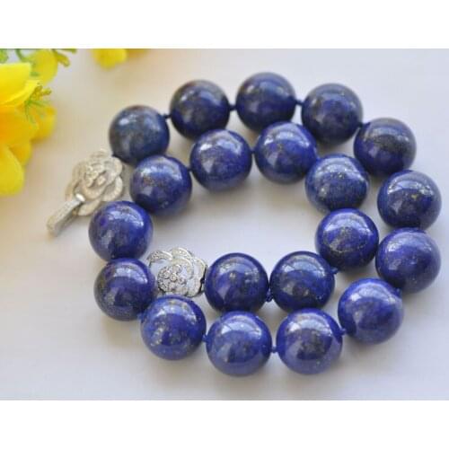S2390 19“ 20mm Round lapis lazuli Bead Necklace Flower CZ