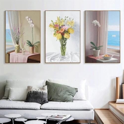 Mediterranean Scenery Spray Color Potted Plant Flower Vase Canvas Painting Sofa Background Wall Picture Poster Room Decoration