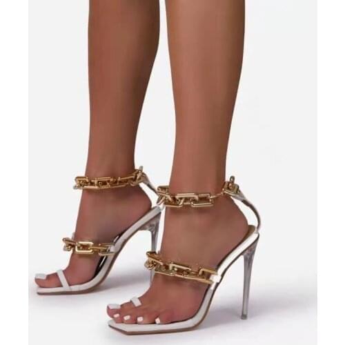 TGHDOF Sandals Sexy Open Toe Stilettos Women Shoe PVC Transparent Metal Decor Chain High Heels Party Dress Shoes Lady Sandals