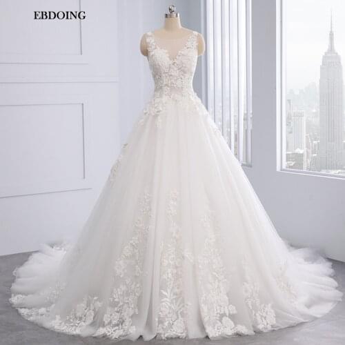 Vestidos De Novia Princess A-line Wedding Dress Scoop Neckline Zipper Back Sleeveless Plus Size Chapel Train Lace Flower Gowns