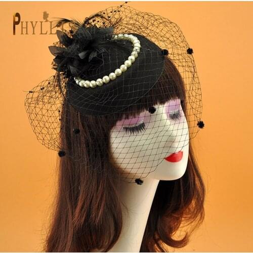 PHYLLiS JM08 Bridal Hats Fascinators Black/White Birdcage Net Face Veils Elegant Sinamay Fascinator Hats Birdcage Veil