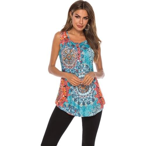 2021 Summer Fashion Plus Size Print Sleeveless T-shirt Women O Neck Button Casual Tees Loose Tops Female Harajuku Cotton T-shirt