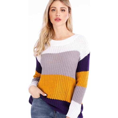 Womens Loose Casual Plus Size Pullover Striped Rainbow Striped Sweater Top Autumn Winter New Vintage Fashion Female Outerwear