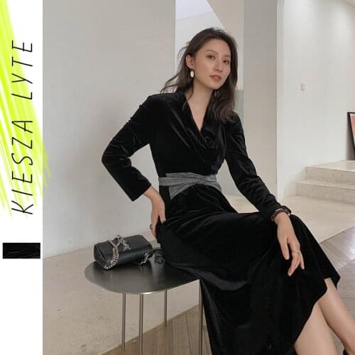 Women Black Velvet Dress Winter 2019 Retro Elegant Luxury Evening Party Long Sleeve Lace up Waist Dresses Vestidos