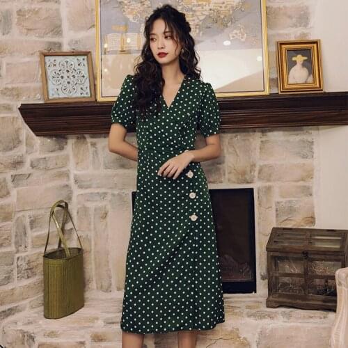Women Summer Vintage Green Polka Dot Long Blazer Dress Side Buttons Split Hem Midi Sundress
