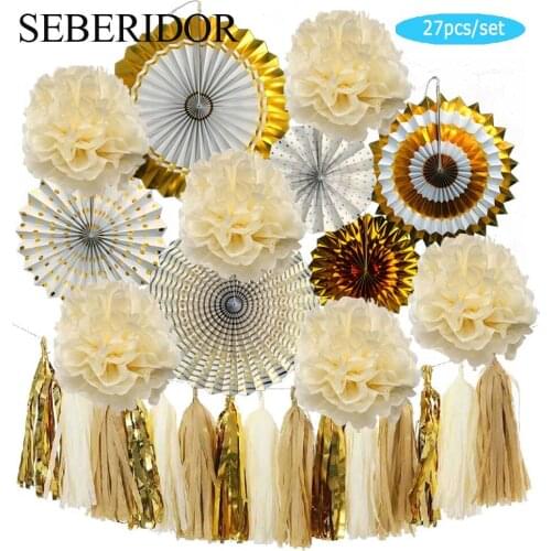 Baby Boy 1st Birthday Party Favor Gold Set Mixed Size Paper Fan Kids Baptism Wedding Decor Tassel Pompoms Beige Pink Blue