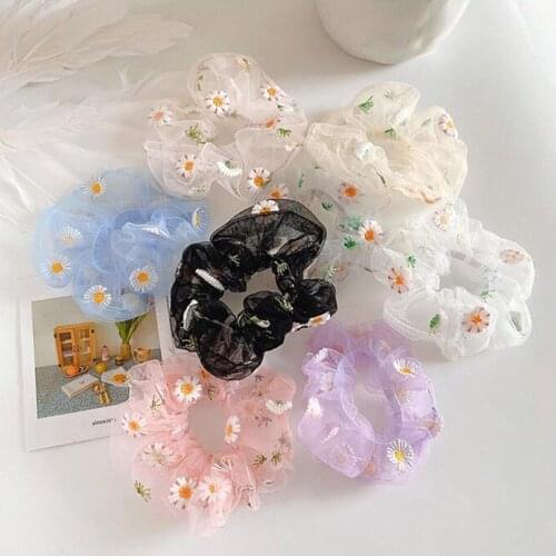 ZZIYEETTM Summer Chic Net Yarn Small Daisy Hair Scrunchie Women Girls Mesh Ponytail Holder Hair Tie Rubber Band
