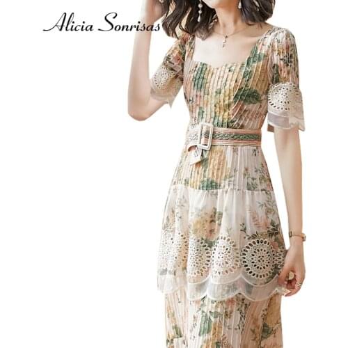 2021 Summer Womens Chiffon French Long Dress Embroidery Plus Size Lace Pleated Korean OL Short Sleeve Mesh Hollow Out Vestidos