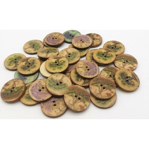 50pcs 20mm Mixed Fancy Tree Printed Round Wood Natural Buttons Scrapbooking Sewing 2 Holes DIY Crafts Accessories
