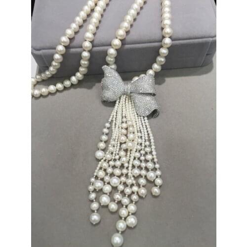 White 8-9MM Long fresh water pearl Necklace nearround Bowknot solid silsver cubic zircon tassels fashion women jewelry