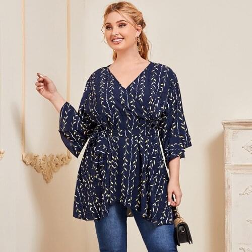 5XL Plus Size Long Blouse Shirt Women 2021 Autumn V Neck Three Quarter Sleeve Floral Print Casual Blouse Ladies Tunic Tops