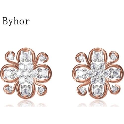 Byhor Solid 14K White/Yellow+White/Rose+White Gold 1.148ct H/SI Natural Diamonds Stud Earrings Women Flower Cерьги Fine Jewelry