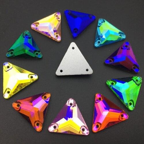 Colors AB Triangle Sew On Glass Crystal Rhinestones 12mm 16mm 22mm Flatback with holes 12mm 16mm Sewing Jewelry
