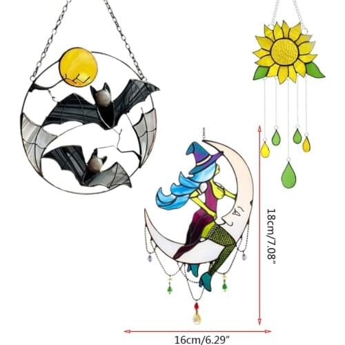 Halloween Witch On Moon Decor Stained Suncatchers Window Hangings Outdoor Wall Art Home Decoration 97QD