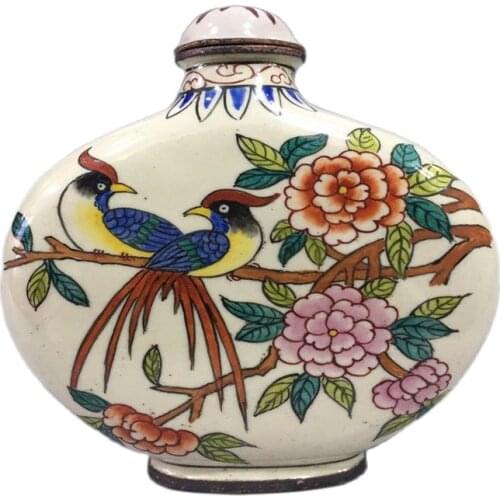 China Old Beijing used old snuff bottleox Cloisonne Birds and flowers snuff bottle