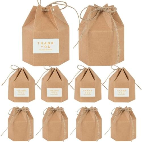 10Pcs Kraft Paper Hexagon Candy Gifts Boxes Wedding Favor Candy Cookie Box Bag For Baby Shower Birthday Party Gift Packing Decor