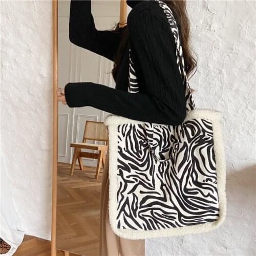 Hylhexyr Zebra Stripe Pattern Purse Women Handbag Fashion Shoulder Bag Plush Canvas Wallet Female Casual Tote Shopper Bags