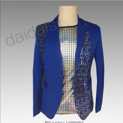 Sequined Suit Blazers Men Groom Suit Blue Color Nightclub Bar Dj Singer Jacket Male Singer Stage Costume M-3xl 2020 New