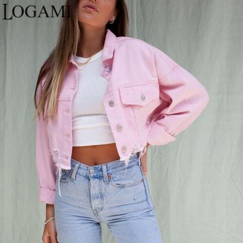 LOGAMI Long Sleeve Ripped Short Jacket Women Street Fashion Cropped Denim Jacket
