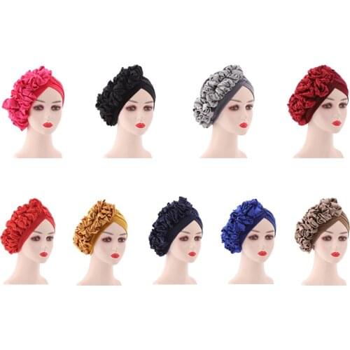 Fashion Women Flower Turban Cap Soild Color Muslim Headscarf Pleated Bonnet Inner Hijabs Arab Head Wraps Indian Hat Accessories