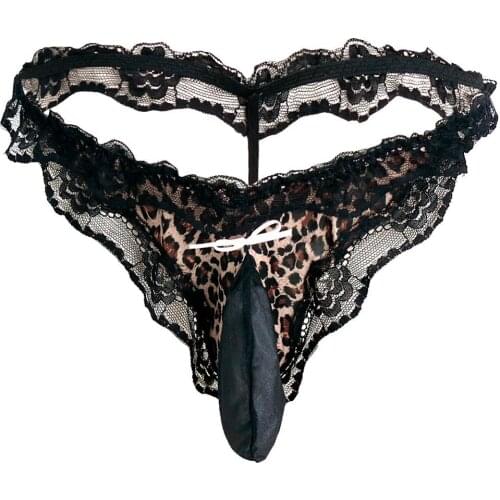 Men Sexy Leopard Underwear See Through G-string Thong Gay Low-waisted Underpants Front with Bulge Pouch Lingerie Lace Briefs